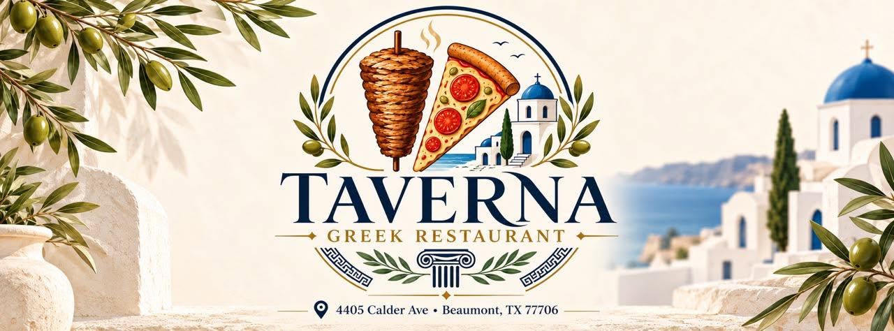 Taverna Gyro and Pizza banner showing a gyro cone and a slice of pizza, with the 4405 Calder Ave Beaumont address
