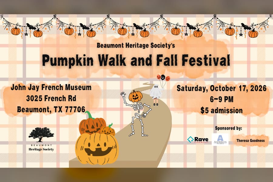 Beaumont Heritage Society flyer for the Pumpkin Walk and Fall Festival at the John Jay French Museum, with jack-o'-lanterns, a dancing skeleton and a ghost on a winding path