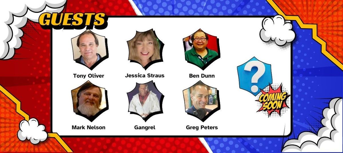 Beaumont Comic Con 2026 guest lineup graphic with headshots of Tony Oliver, Jessica Straus, Ben Dunn, Mark Nelson, Gangrel and Greg Peters