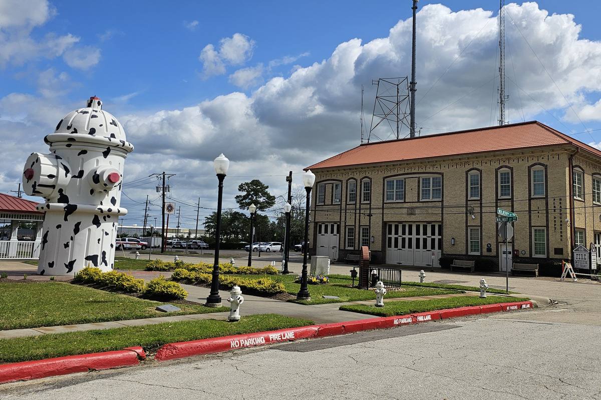 The giant black and white spotted fire hydrant beside the Fire Museum of Texas, in the old Central Fire Station in downtown Beaumont