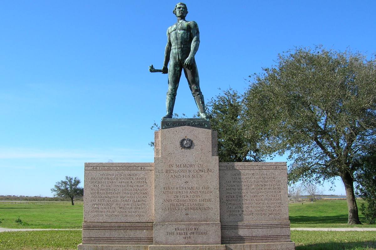 The bronze statue of Lt. Richard W. Dowling on its granite memorial at Sabine Pass Battleground