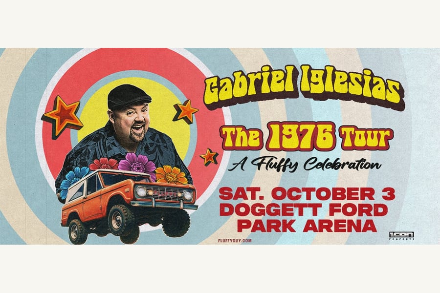 Gabriel Iglesias tour art for The 1976 Tour: A Fluffy Celebration, dated Saturday, October 3, Doggett Ford Park Arena
