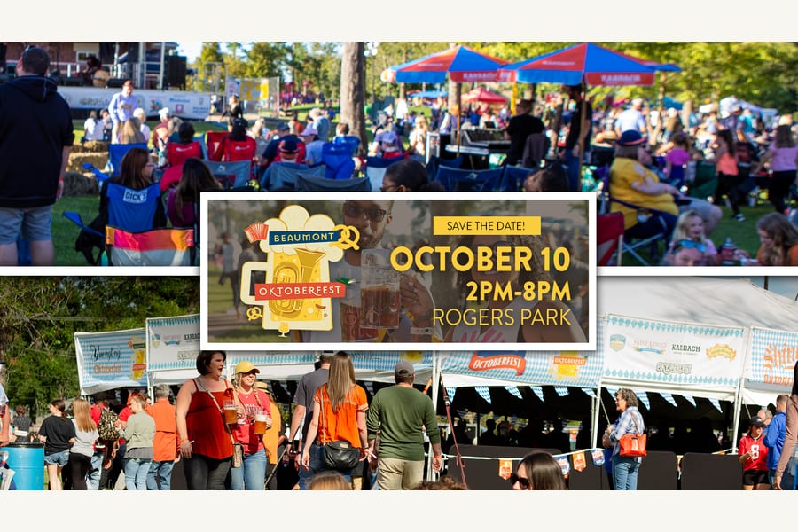 City of Beaumont Oktoberfest graphic reading Save the date, October 10, 2PM to 8PM, Rogers Park, over photos of a lawn-chair crowd and beer tents